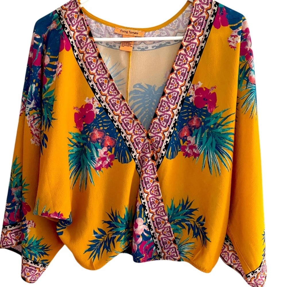 Flying Tomato Mustard Yellow Tropical Print V-Neck Blouse